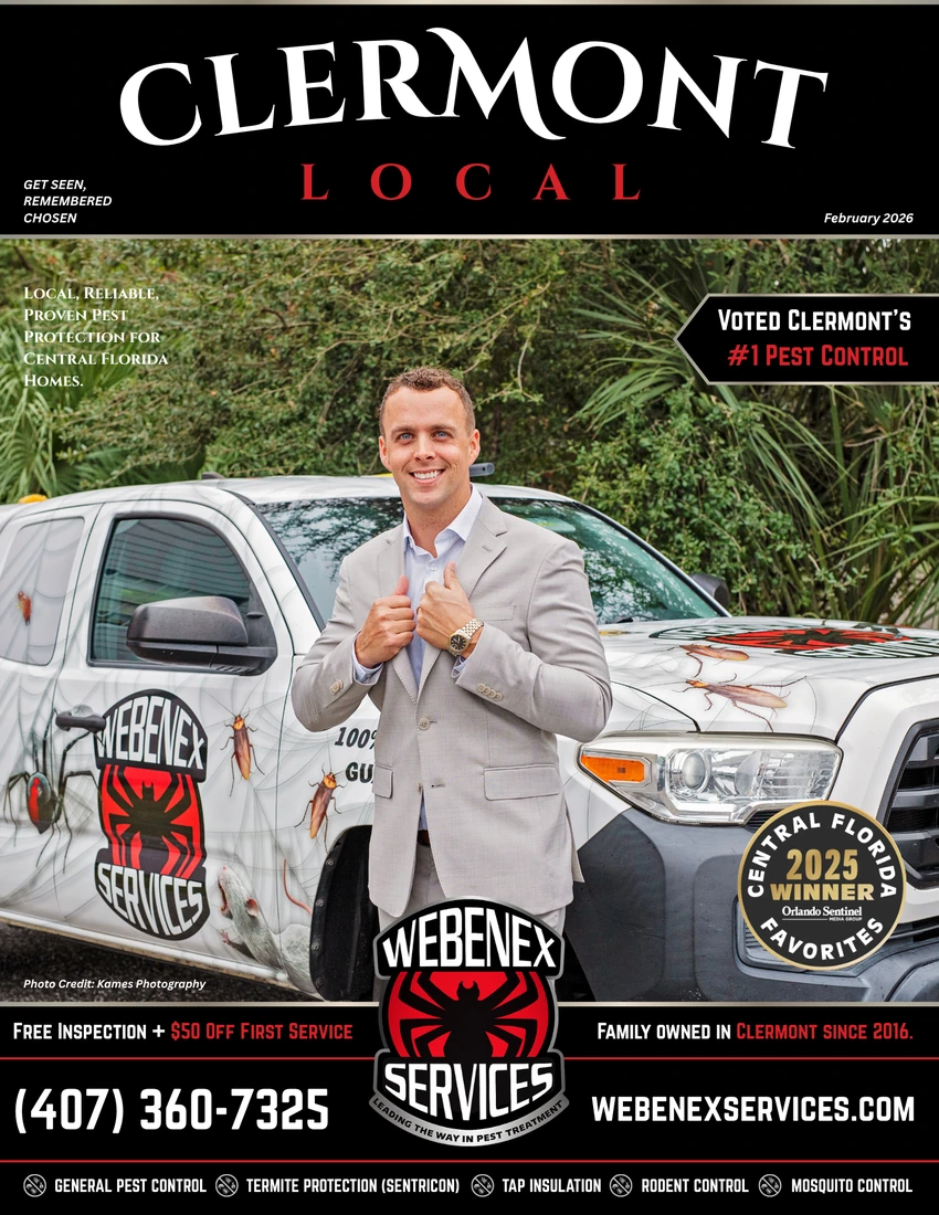 February 2026 Clermont Local Magazine cover featuring Webenex Services Pest Control